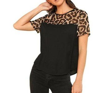 SheIn Leopard Print Colorblock Short Sleeve Crewne